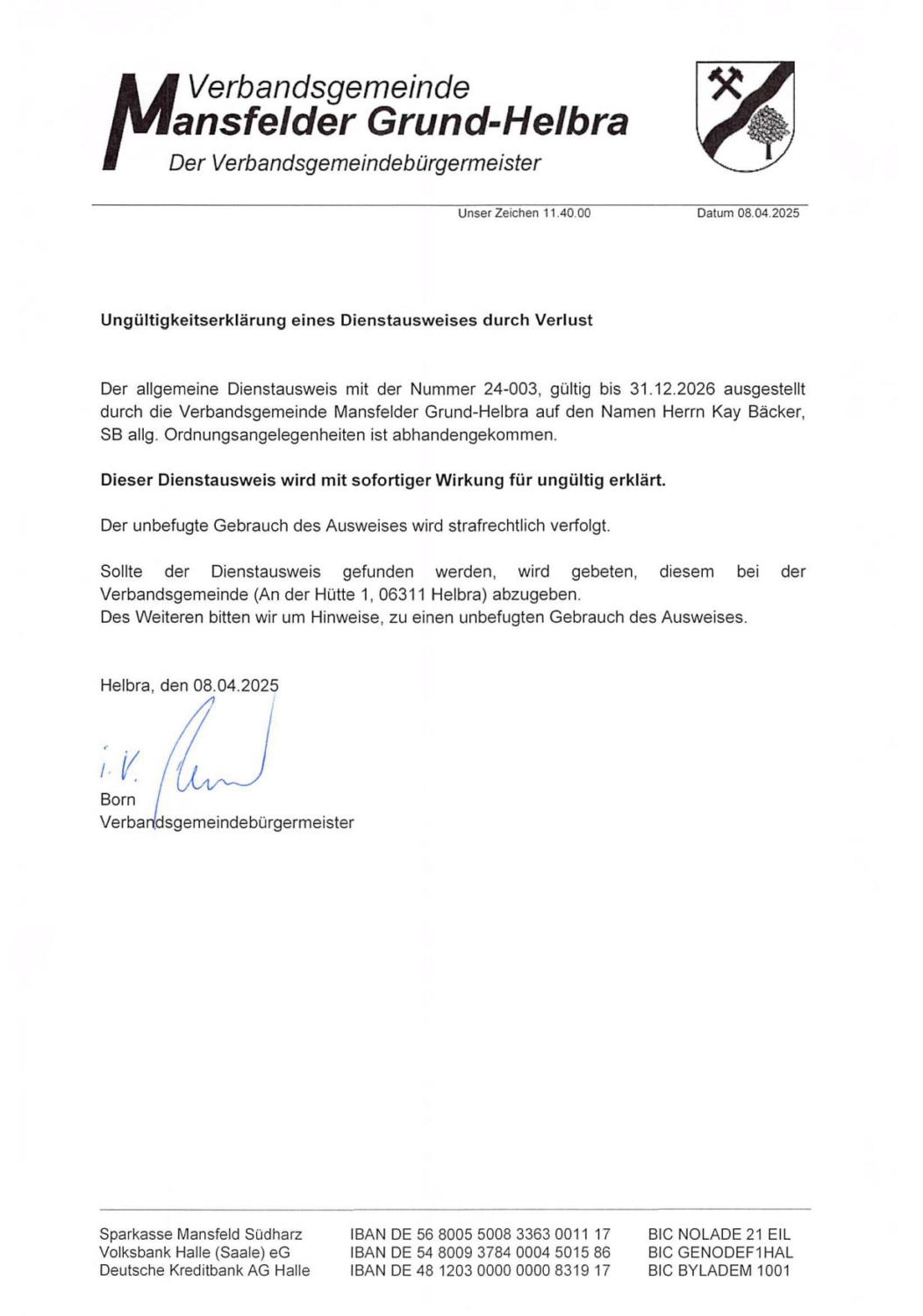 Verlust Verlust Dienstausweis – Verbandsgemeinde Mansfelder Grund-Helbra