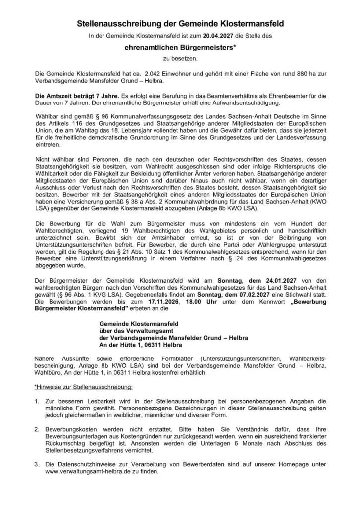 Stellenausschreibung BM Klostermansfeld